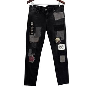 True Religion Halle Mid-Rise Skinny Jeans Skull Patch Black Rinse Wash Size 29